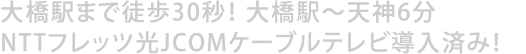 大橋駅まで徒歩30秒。大橋駅～天神6分！NTTフレッツ光・JCOMケーブルテレビ導入済み！